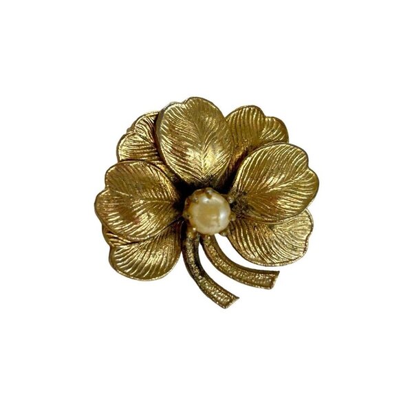 Goldtone and Pearl Brooch Pin 1" Vintage 1960s Dimensional - Picture 3 of 4